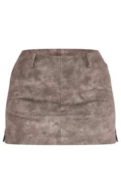 Grey Washed Faux Leather Low Rise Seam Detail Micro Mini Skirt