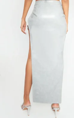 Grey Washed Faux Leather Chain Detail Extreme Split Midaxi Skirt