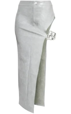 Grey Washed Faux Leather Chain Detail Extreme Split Midaxi Skirt