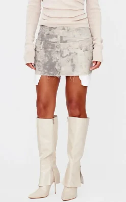 Grey Washed Twill Double Waistband Mini Skirt