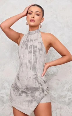 Grey Washed Twill High Neck Wrap Detail Skort Romper