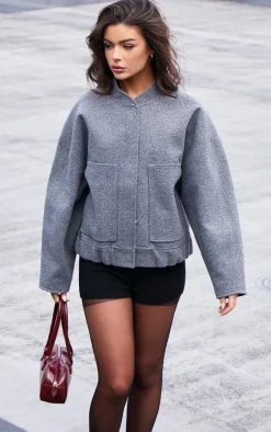 Grey Wool Look Longline Bomber Jacket