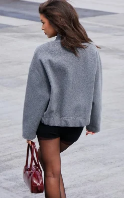 Grey Wool Look Longline Bomber Jacket