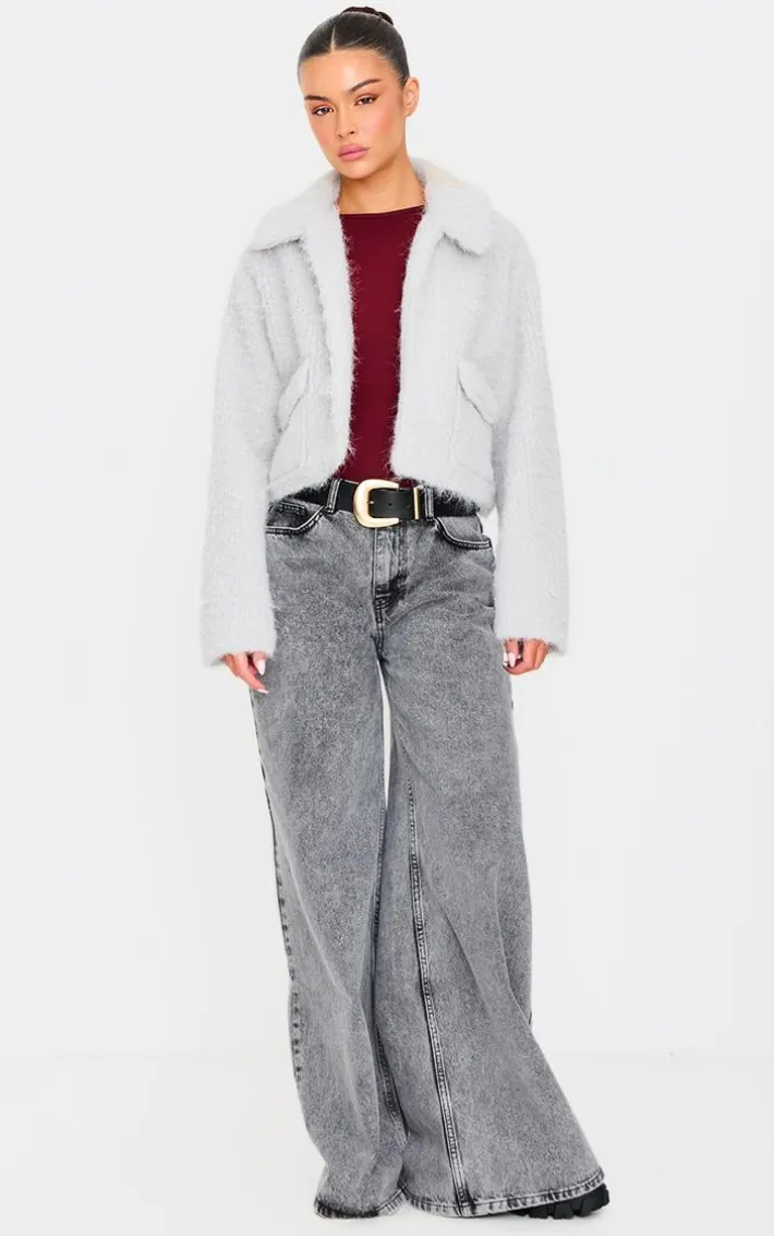 Grey Wool Look Pocket Detail Zip Up Jacket