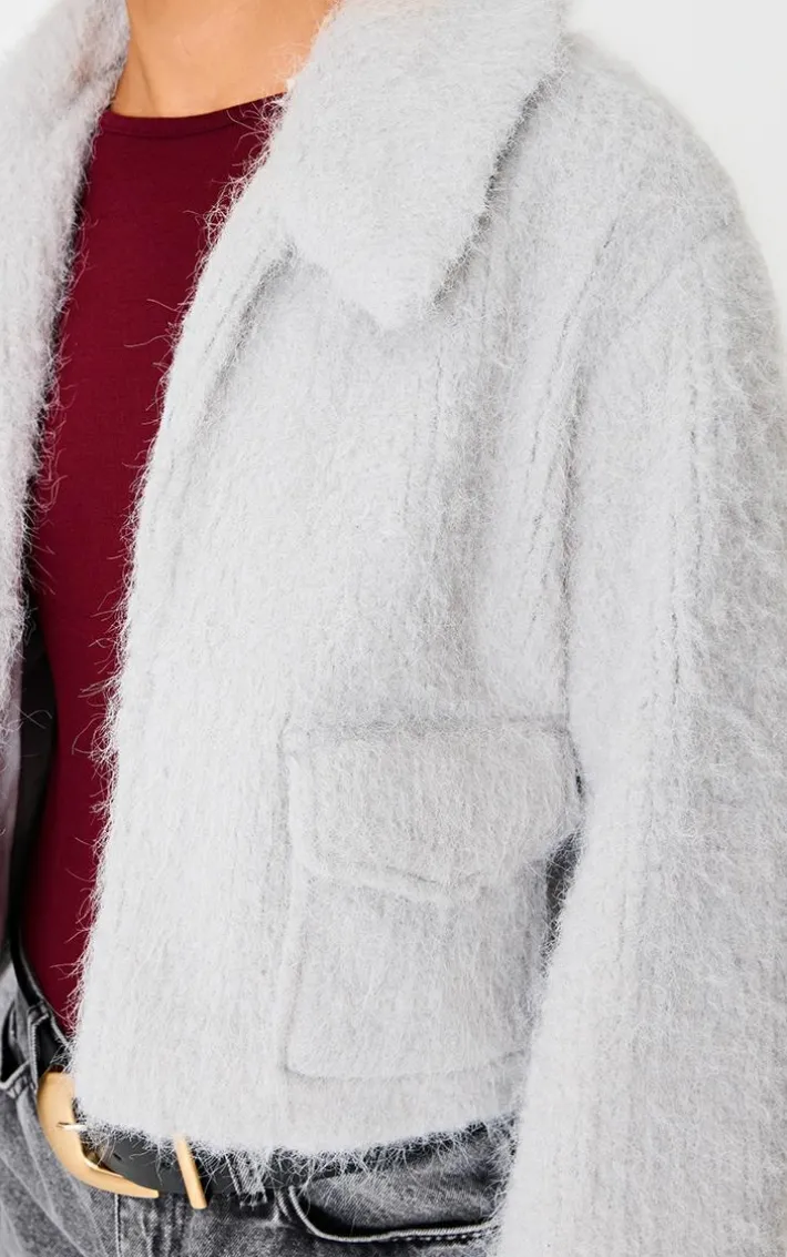 Grey Wool Look Pocket Detail Zip Up Jacket