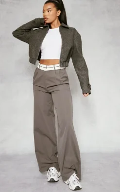 Grey Wool Look Zip Front Bomber Jacket