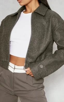 Grey Wool Look Zip Front Bomber Jacket