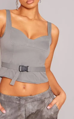 Grey Woven Bust Detail Buckle Front Top