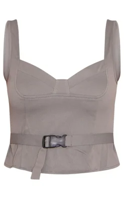 Grey Woven Bust Detail Buckle Front Top