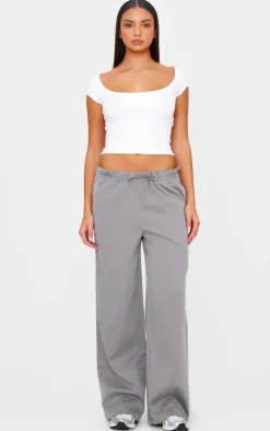 Grey Woven Drawstring Waistband Straight Leg Pants