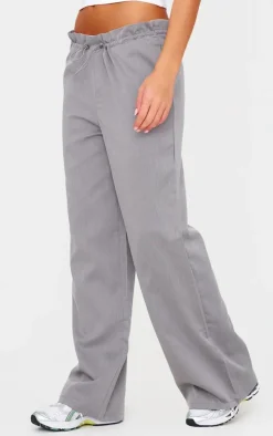 Grey Woven Drawstring Waistband Straight Leg Pants