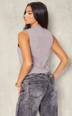 Grey Woven Striped Fitted Vest