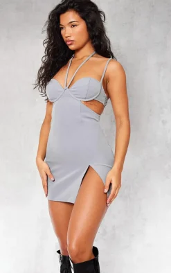 Grey Woven Tailored Cut Out Split Detail Strappy Shift Dress