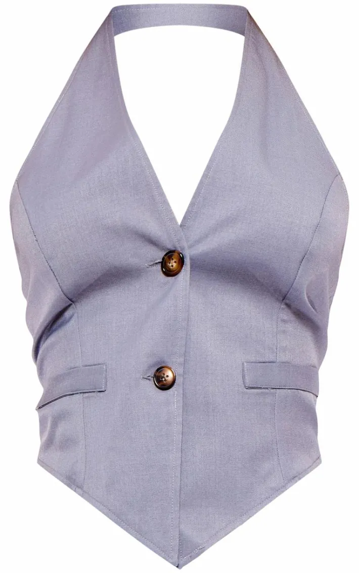 Grey Woven Tailored Halterneck Vest