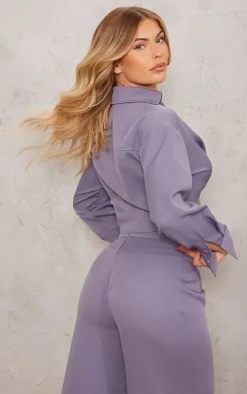 Grey Woven Twist Front Detail Long Sleeve Cropped Shirt