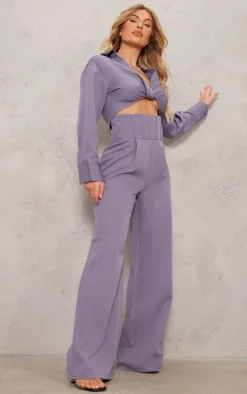 Grey Woven Twist Front Detail Long Sleeve Cropped Shirt