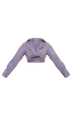 Grey Woven Twist Front Detail Long Sleeve Cropped Shirt