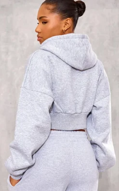 Grey Zip Up Pocket Detail Cropped Hoodie