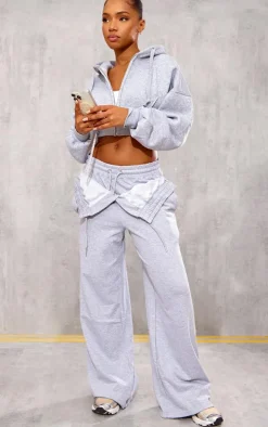 Grey Zip Up Pocket Detail Cropped Hoodie