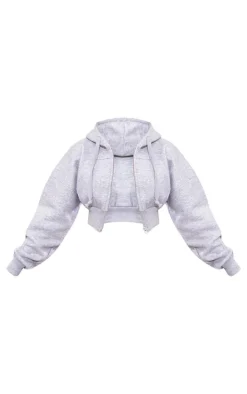 Grey Zip Up Pocket Detail Cropped Hoodie