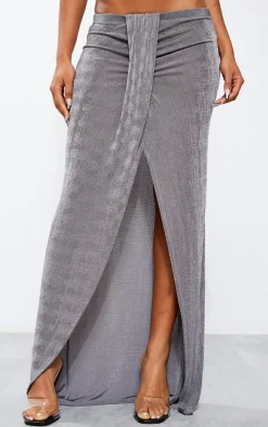 Gunmetal Acetate Slinky Drape Front Maxi Skirt