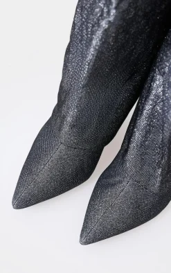 Gunmetal Diamante Point Toe Fold Over Wedged Knee High Boots