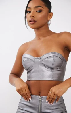 Gunmetal Metallic Look Coated Denim Bandeau Top