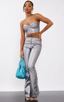 Gunmetal Metallic Look Coated Denim Bandeau Top