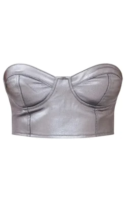 Gunmetal Metallic Look Coated Denim Bandeau Top