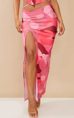 Hot Pink Abstract Printed Split Maxi Skirt
