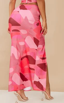 Hot Pink Abstract Printed Split Maxi Skirt