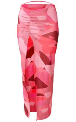 Hot Pink Abstract Printed Split Maxi Skirt