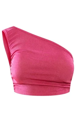 Hot Pink Acetate Slinky One Shoulder Ruched Top