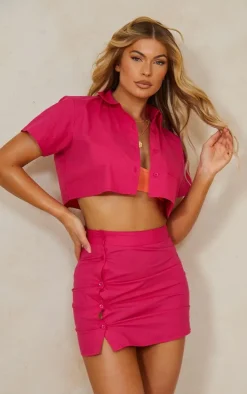 Hot Pink Asymmetric Button Up Mini Skirt