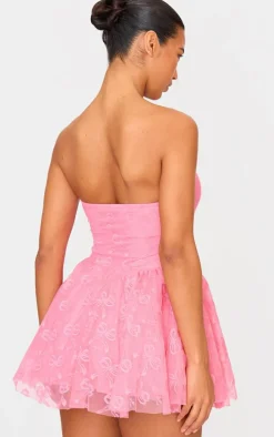 Hot Pink Bow Embroidered Lace Bandeau Romper