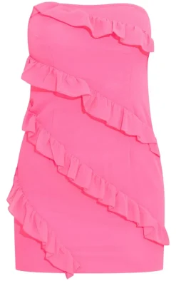Hot Pink Chiffon Diagonal Frill Bandeau Bodycon Dress