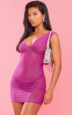 Hot Pink Diamante Mesh V Neck Open Back Bodycon Dress