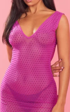 Hot Pink Diamante Mesh V Neck Open Back Bodycon Dress