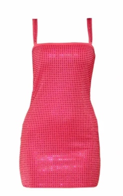 Hot Pink Diamante Strappy Bodycon Dress