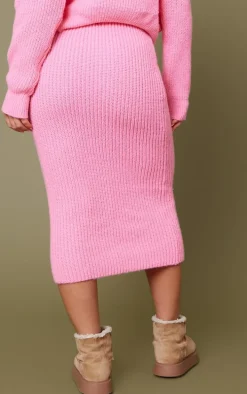 Hot Pink Fitted Knit Midi Skirt