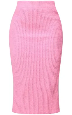 Hot Pink Fitted Knit Midi Skirt
