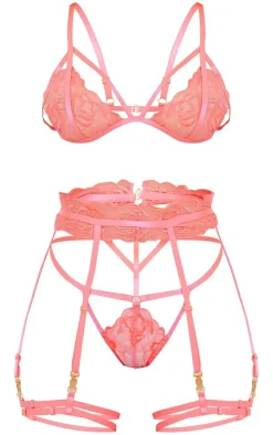 Hot Pink Floral Embroidered Lace Harness Detail 3 Piece Lingerie Set