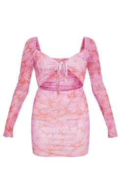 Hot Pink Floral Print Mesh Tie Front Cut Out Bodycon Dress