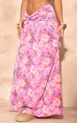 Hot Pink Floral Print Twist Front Maxi Skirt