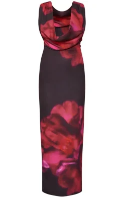 Hot Pink Floral Printed Sheer Chiffon Cowl Neck Maxi Dress