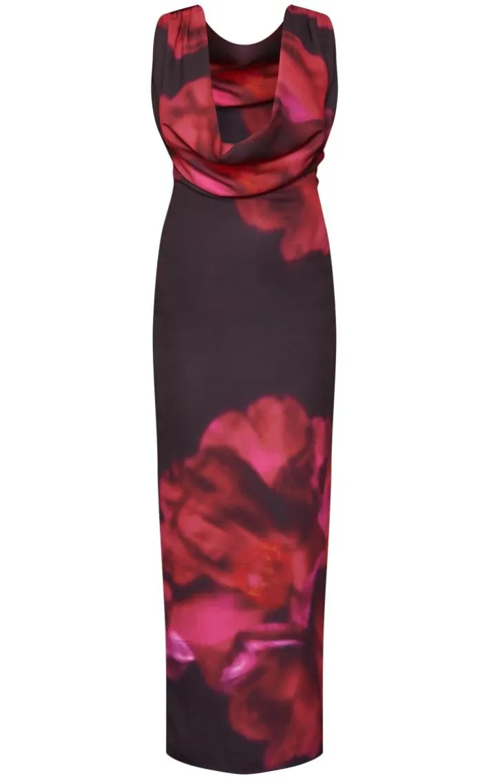 Hot Pink Floral Printed Sheer Chiffon Cowl Neck Maxi Dress