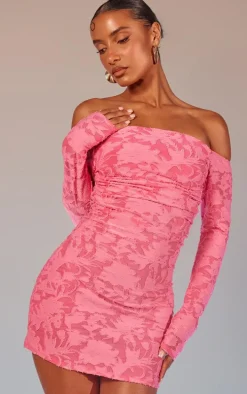 Hot Pink Floral Sheer Burnout Bardot Bodycon Dress