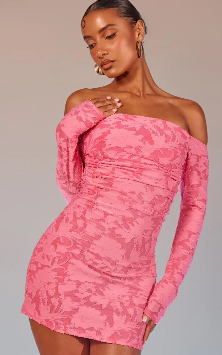 Hot Pink Floral Sheer Burnout Bardot Bodycon Dress