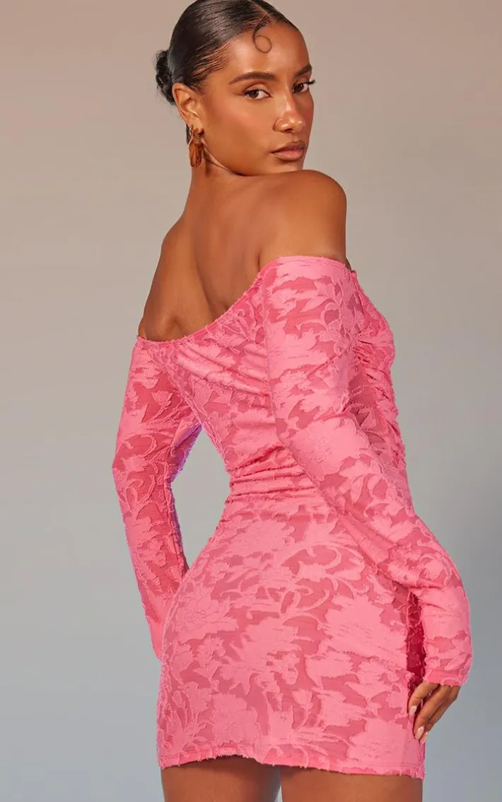 Hot Pink Floral Sheer Burnout Bardot Bodycon Dress