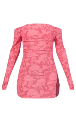 Hot Pink Floral Sheer Burnout Bardot Bodycon Dress